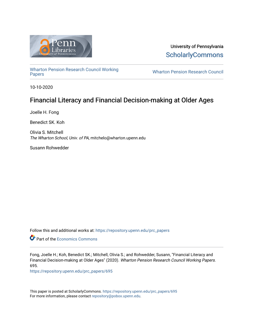 Financial Literacy and Financial Decision-Making at Older Ages