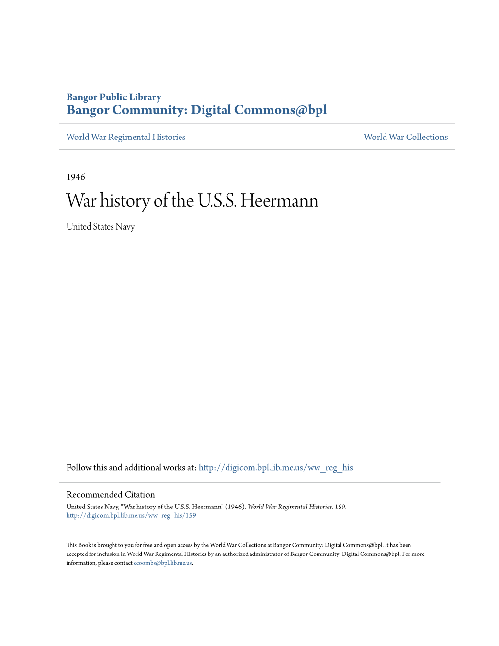 War History of the U.S.S. Heermann United States Navy