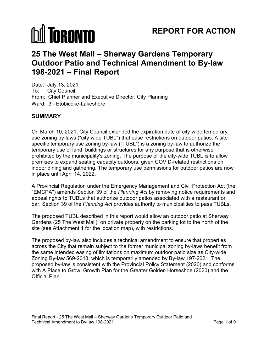 25 the West Mall – Sherway Gardens Temporary Outdoor Patio and Technical Amendment to By-Law 198-2021 – Final Report
