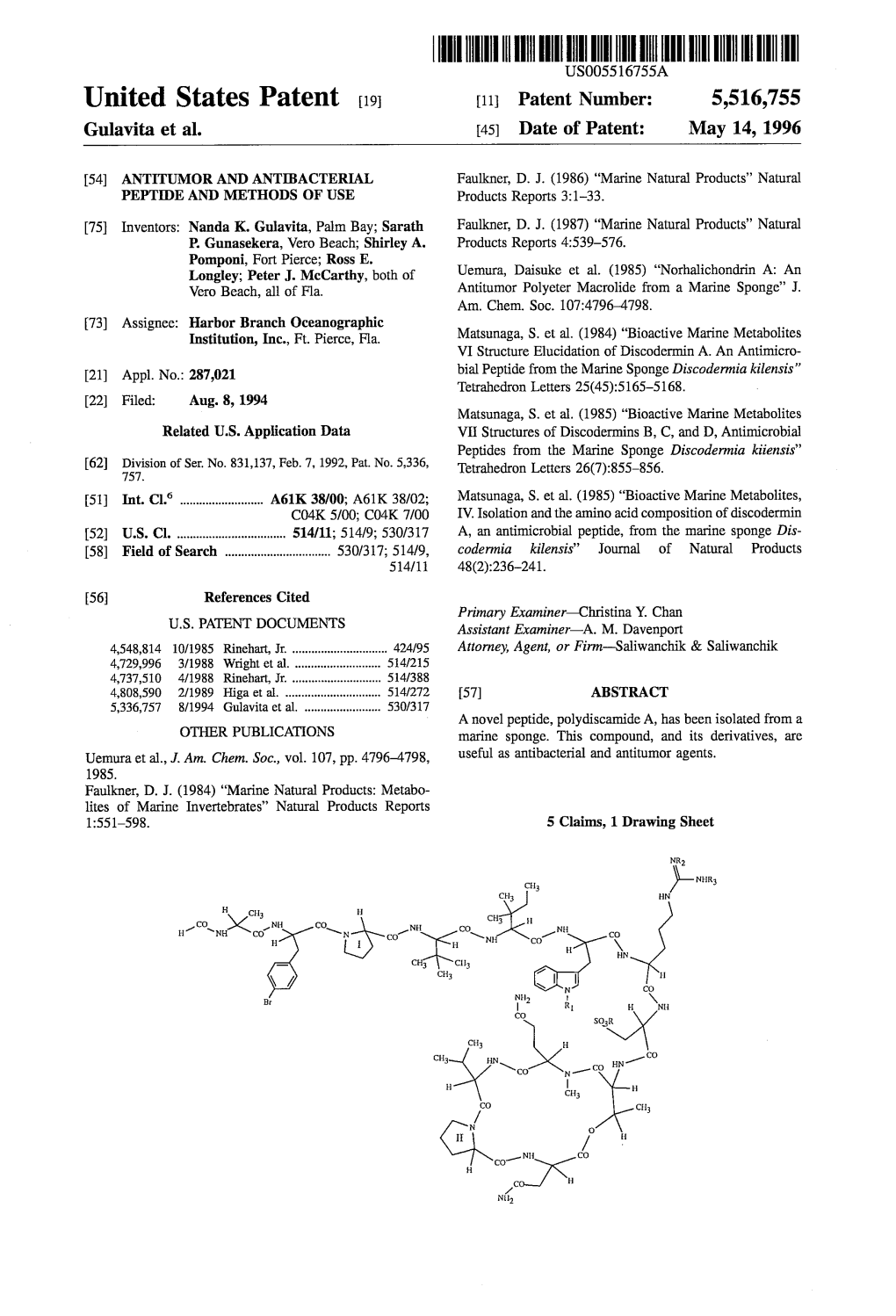 ||||IIIII USOO5516755A United States Patent (19) 11 Patent Number: 5,516,755 Gulavita Et Al