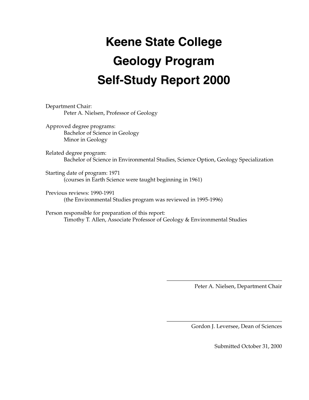 Keene State College Geology Program Self-Study Report 2000