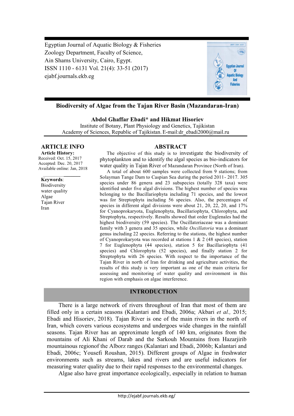 Biodiversity of Algae from the Tajan River Basin (Mazandaran-Iran)