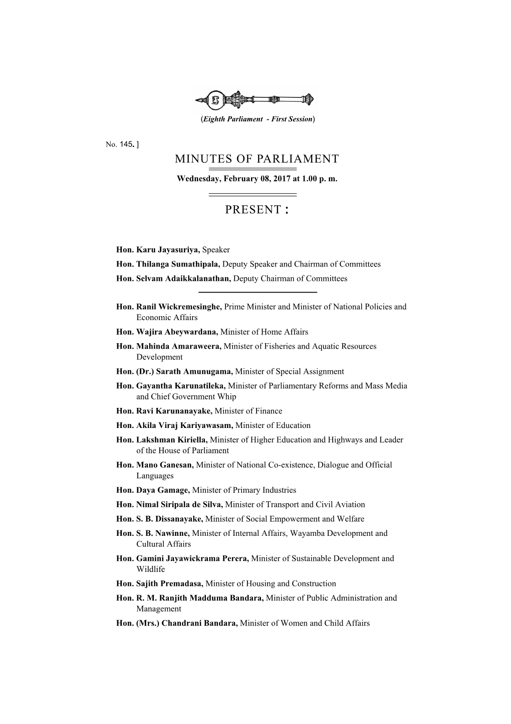 Minutes of Parliament Present