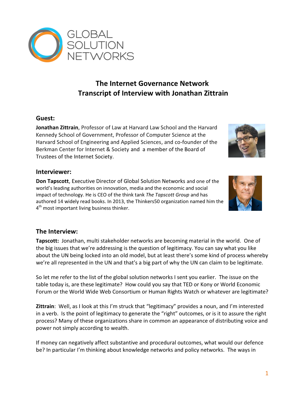 The Internet Governance Network Transcript of Interview with Jonathan Zittrain