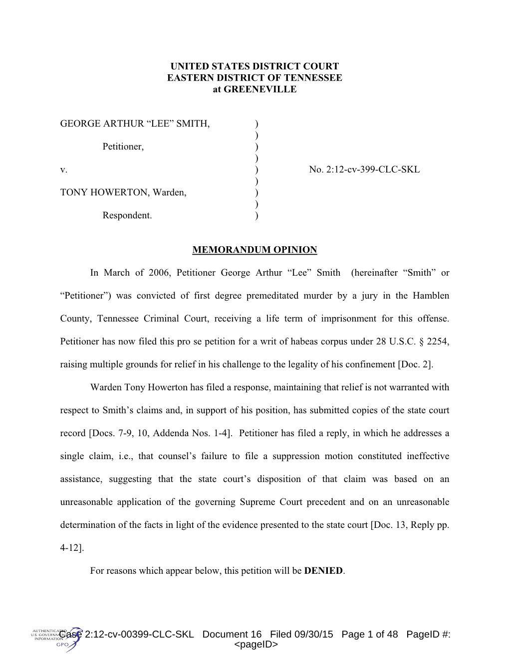 UNITED STATES DISTRICT COURT EASTERN DISTRICT of TENNESSEE at GREENEVILLE