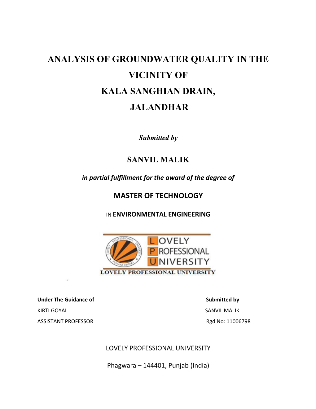 Analysis of Groundwater Quality in the Vicinity of Kala Sanghian Drain, Jalandhar