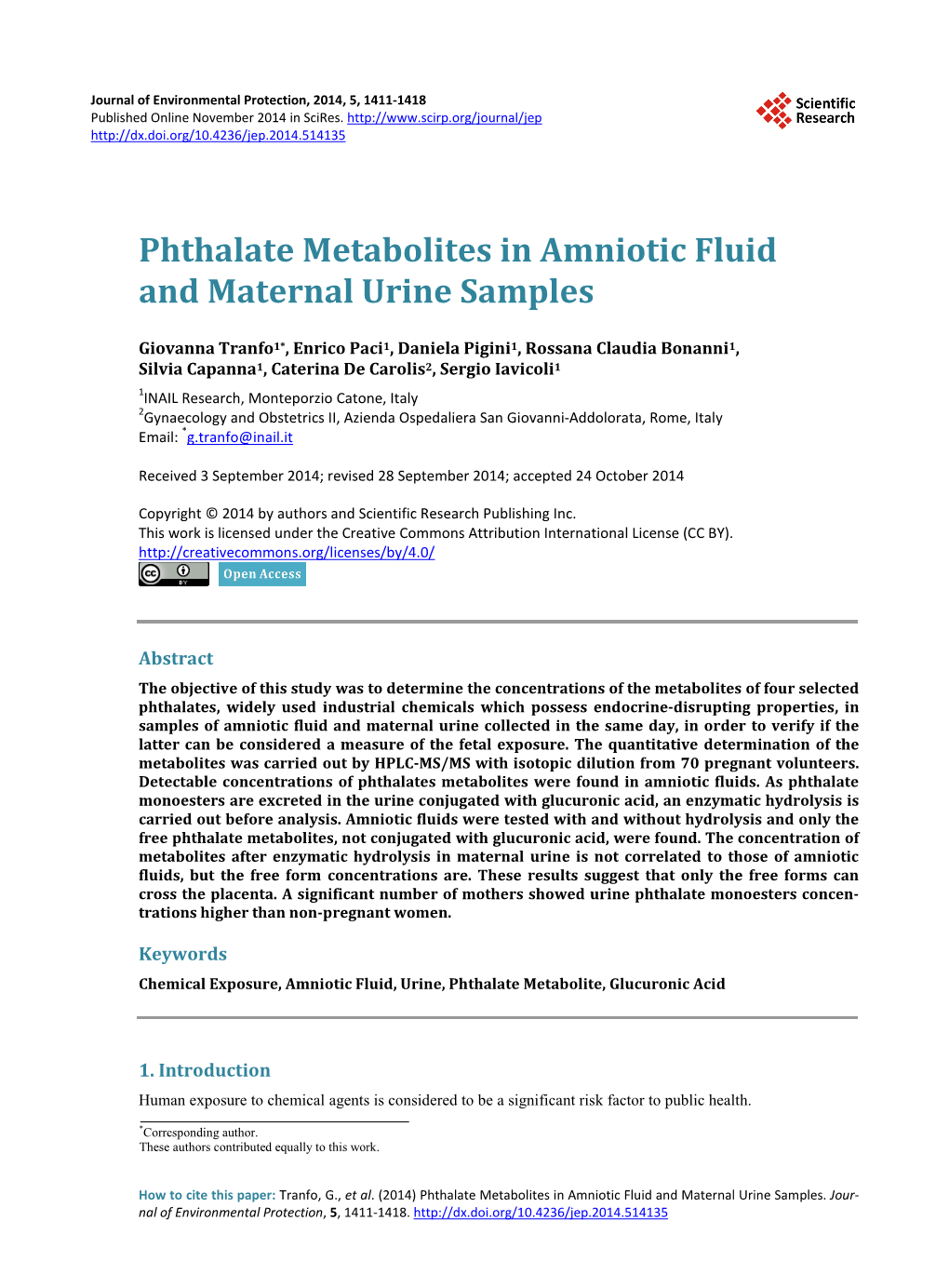 Phthalate Metabolites in Amniotic Fluid and Maternal Urine Samples