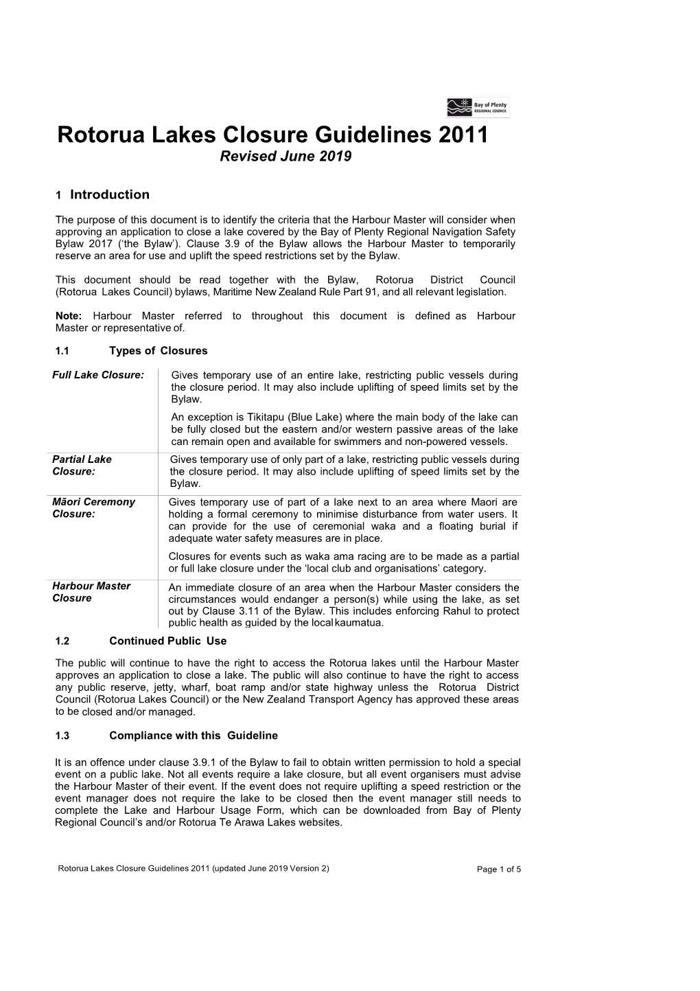 Rotorua Lake Closures Guidelines 2011