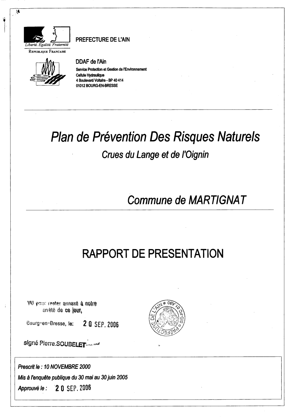 Plan De P Revention Des Risques Naturels Crues Du Lange Et De I'oignin Commune De MARTIGNAT