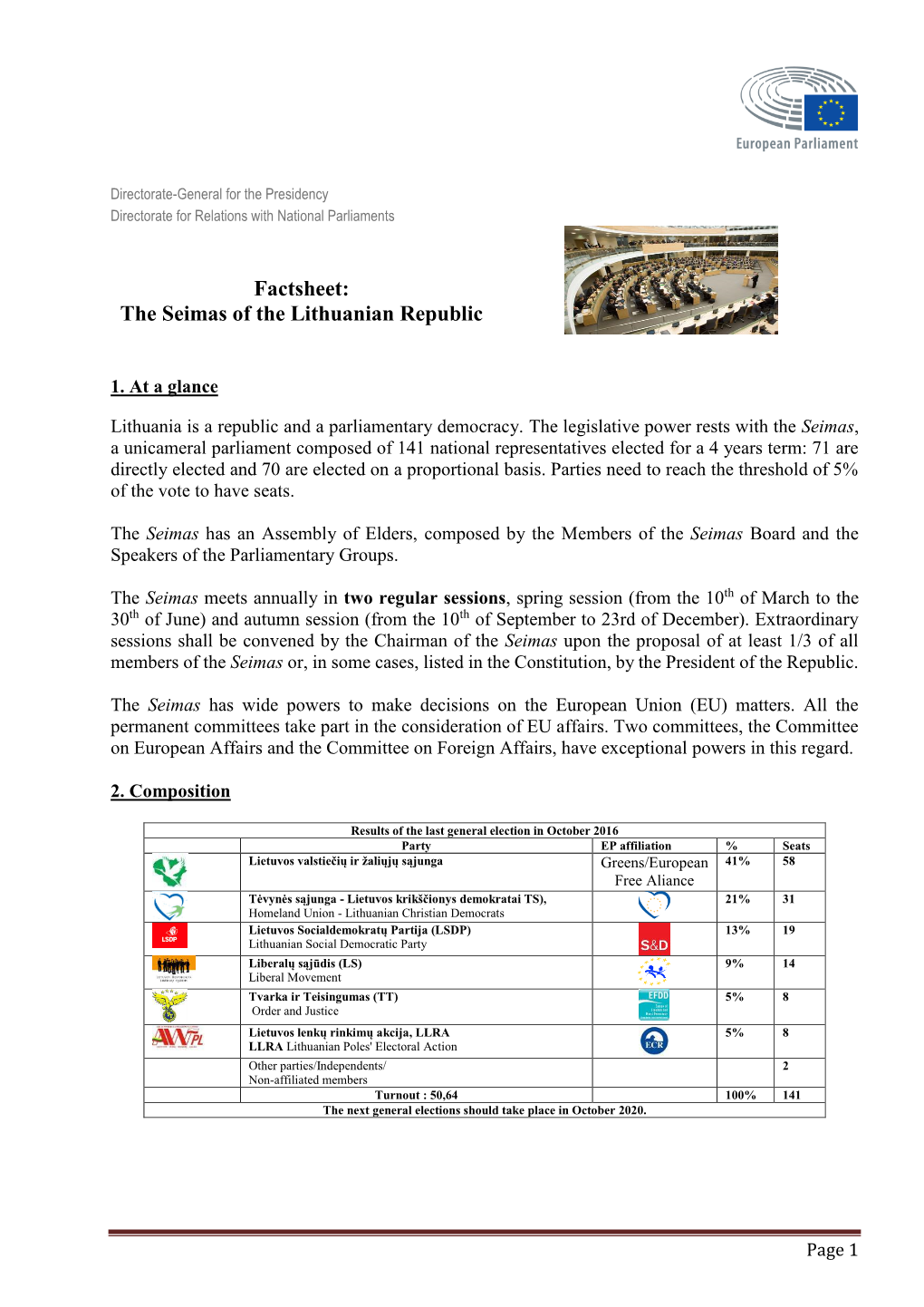 Factsheet: the Seimas of the Lithuanian Republic