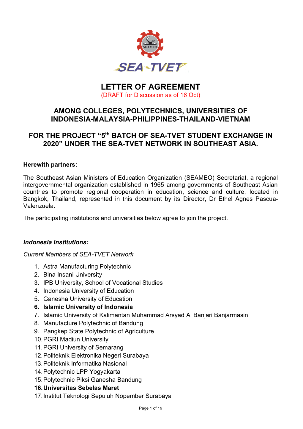 LETTER of AGREEMENT (DRAFT for Discussion As of 16 Oct)