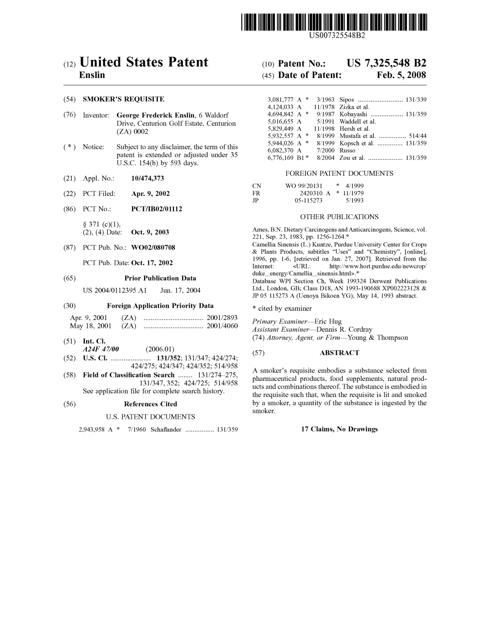 (12) United States Patent (10) Patent No.: US 7,325,548 B2 Enslin (45) Date of Patent: Feb