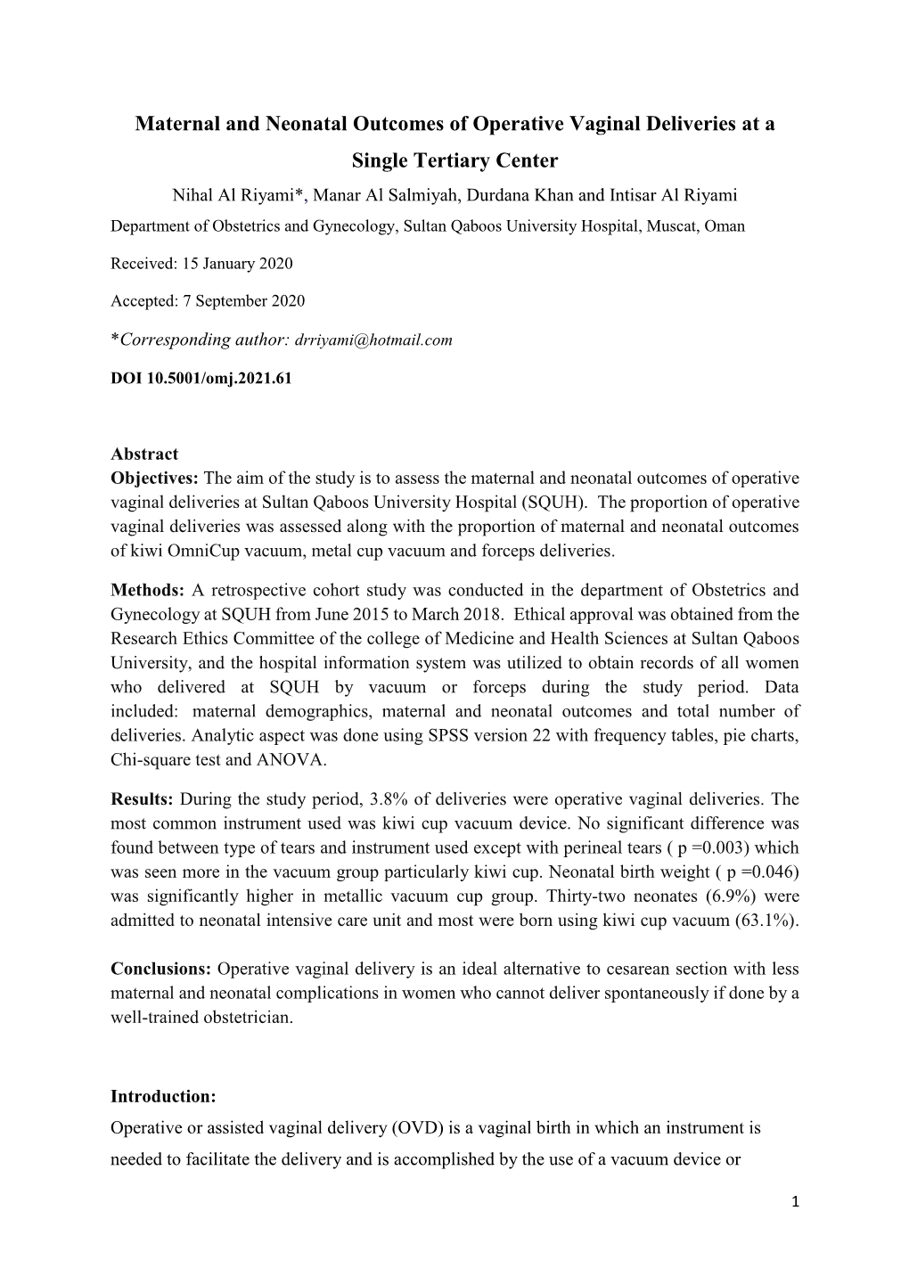 Maternal and Neonatal Outcomes of Operative