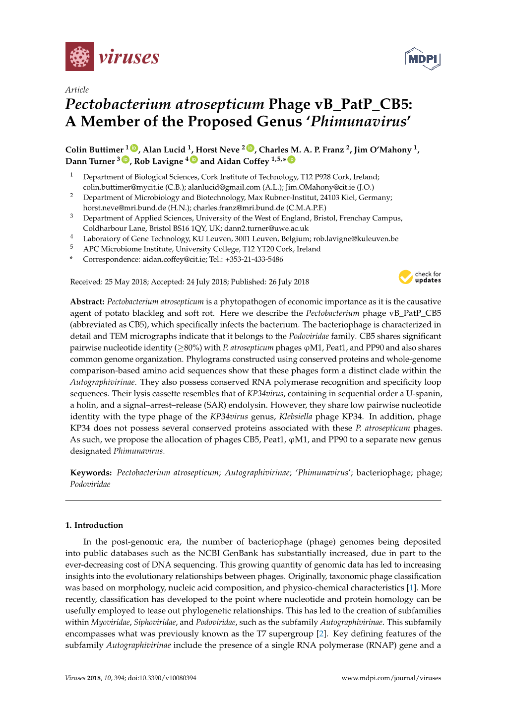 Pectobacterium Atrosepticum Phage Vb Patp CB5: a Member of the Proposed Genus ‘Phimunavirus’