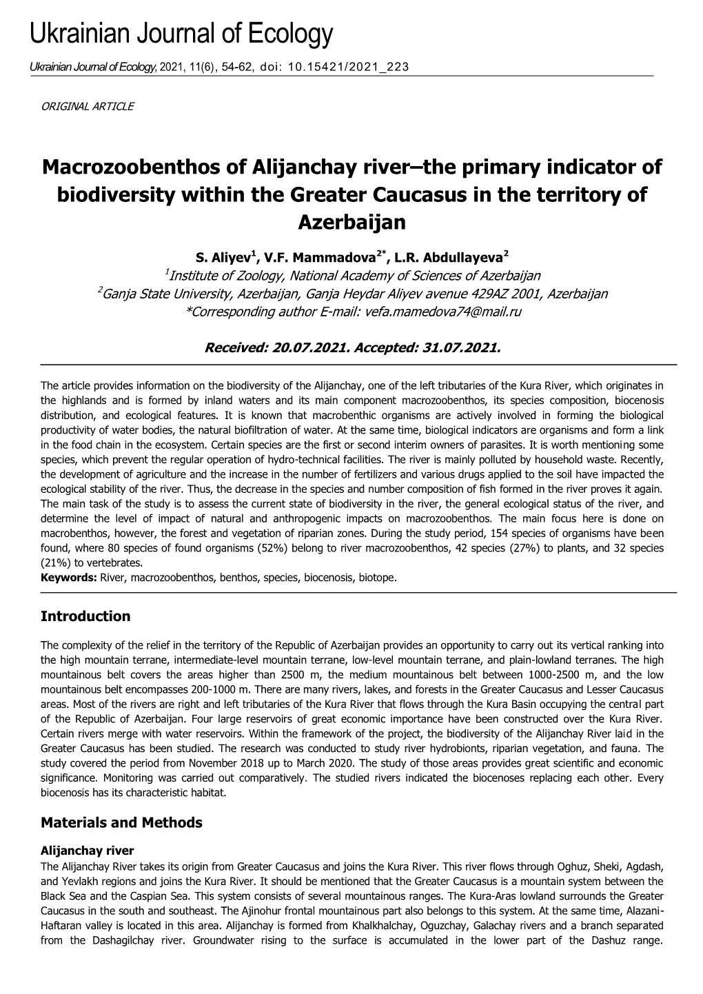 Macrozoobenthos of Alijanchay River?The Primary Indicator of Biodiversity Within the Greater Caucasus in the Territory