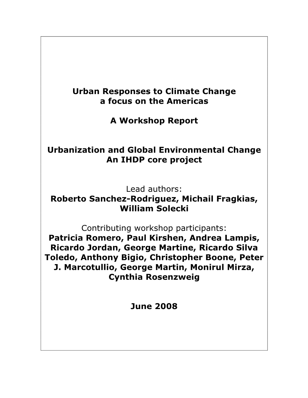 Urban Responses to Climate Change a Focus on the Americas