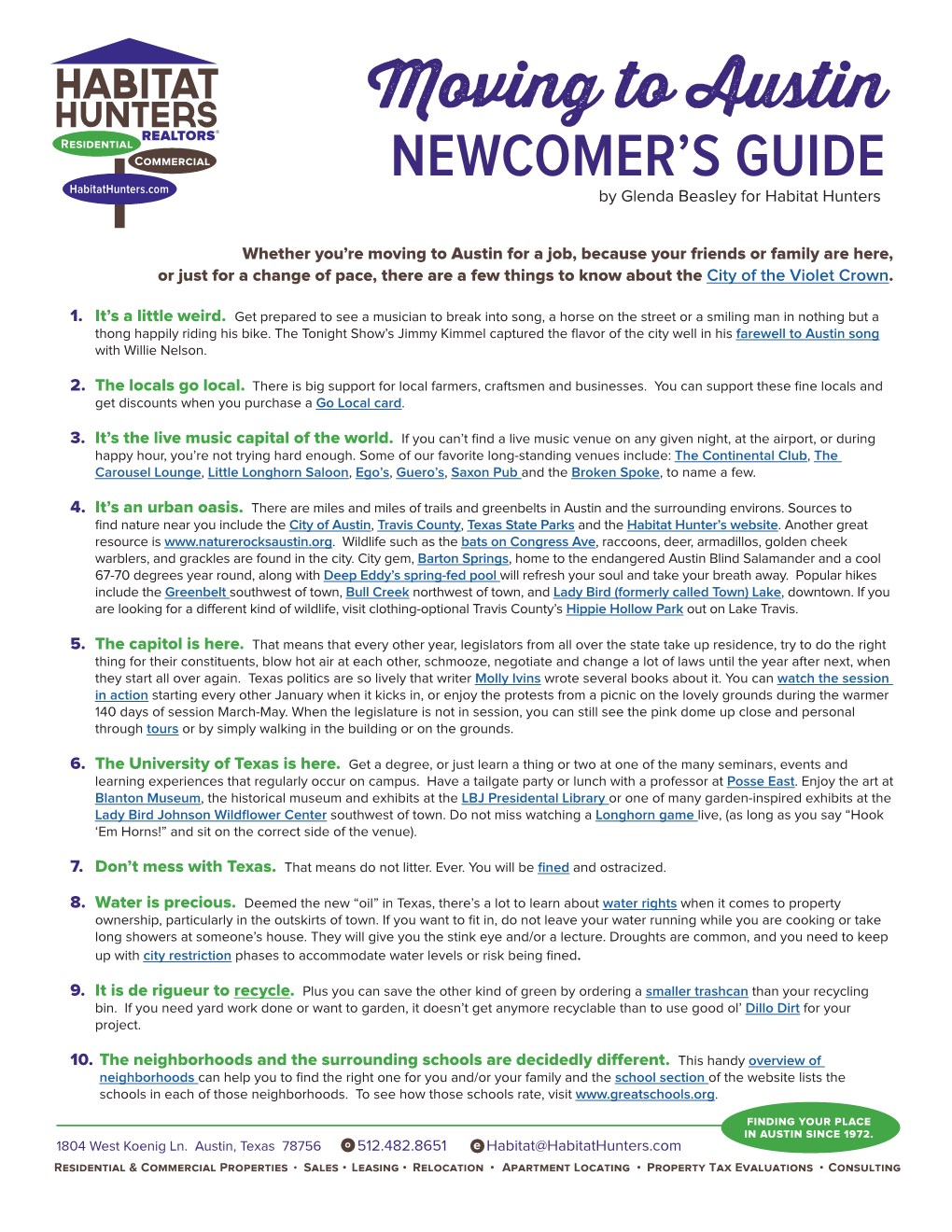 Moving to Austin NEWCOMER’S GUIDE by Glenda Beasley for Habitat Hunters