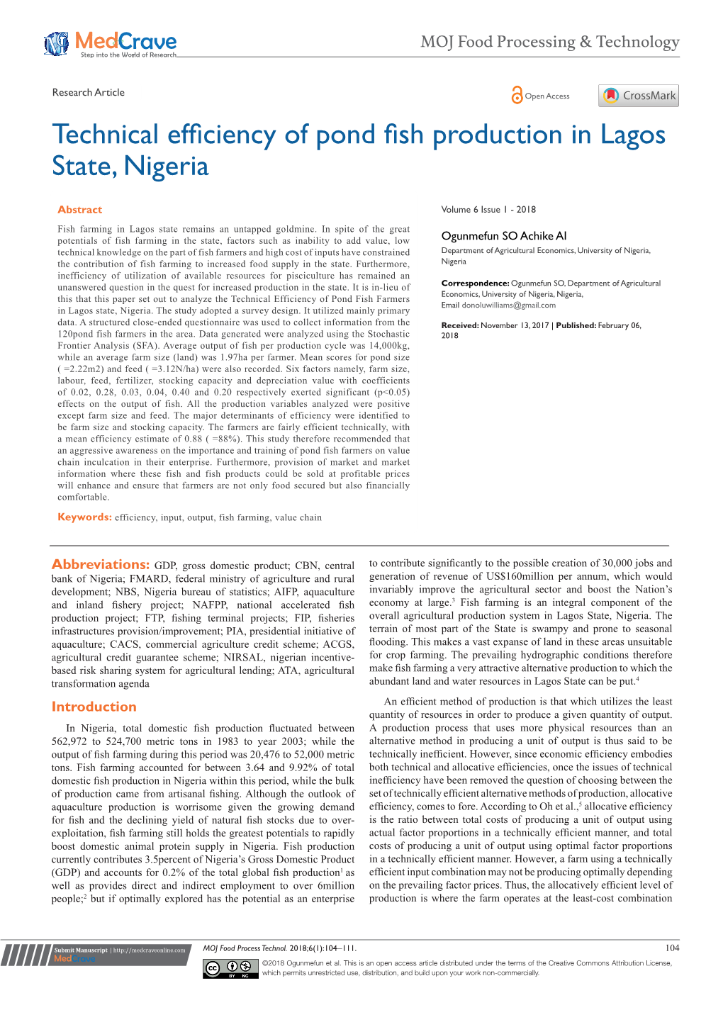 Technical Efficiency of Pond Fish Production in Lagos State, Nigeria