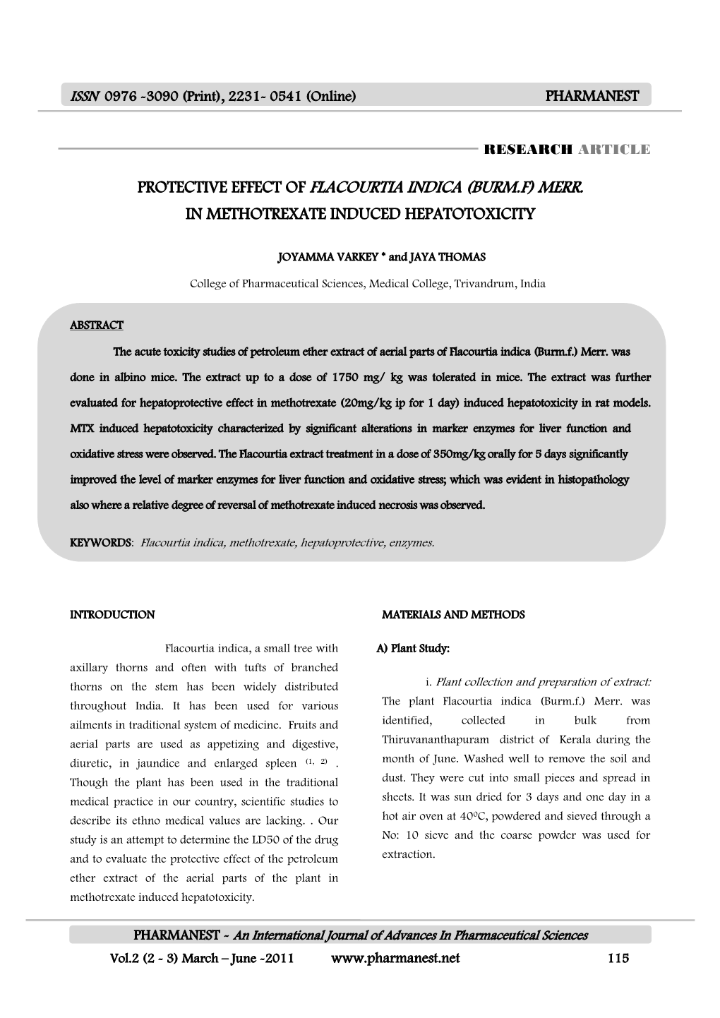 Protective Effect of Flacourtia Indica (Burm.F) Merr. in Methotrexate Induced Hepatotoxicity