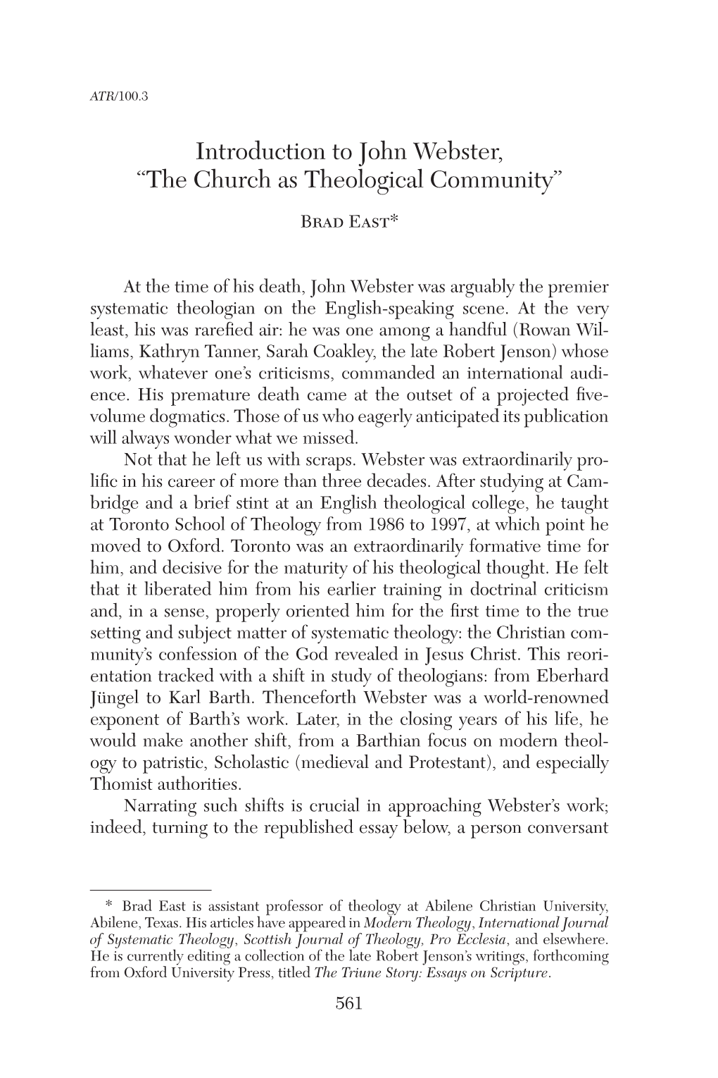 Introduction to John Webster, “The Church As Theological Community”