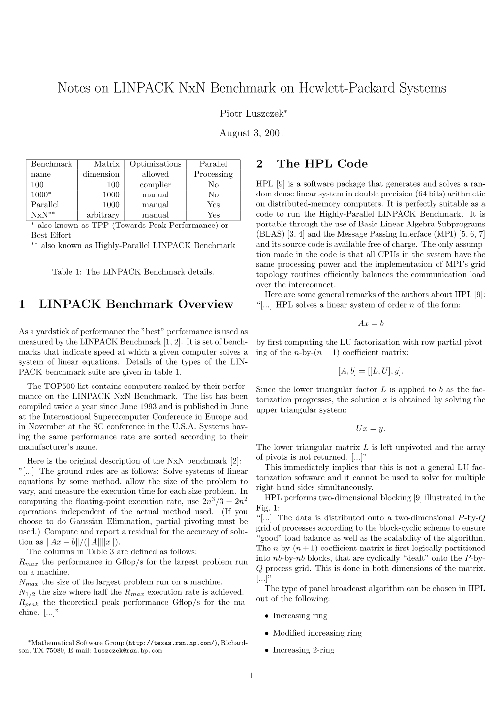 Notes on LINPACK Nxn Benchmark on Hewlett-Packard Systems