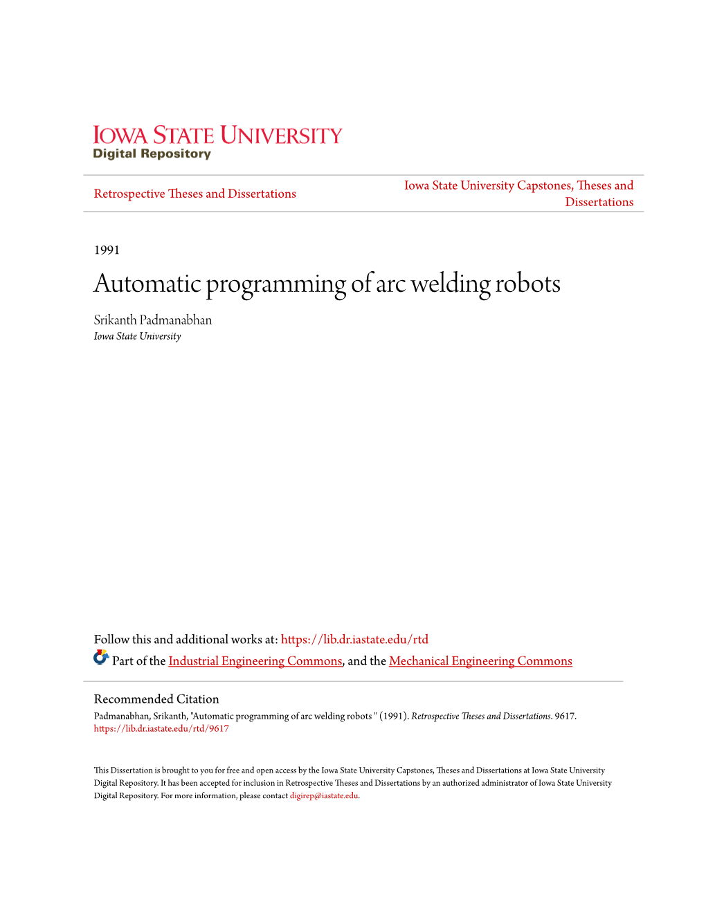 Automatic Programming of Arc Welding Robots Srikanth Padmanabhan Iowa State University