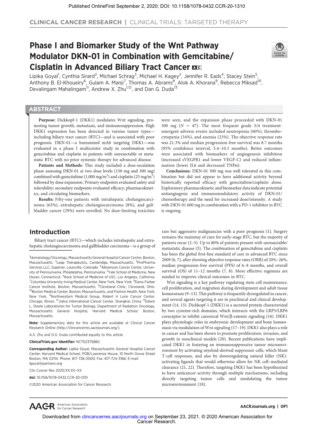 Phase I and Biomarker Study of the Wnt Pathway Modulator DKN-01 In