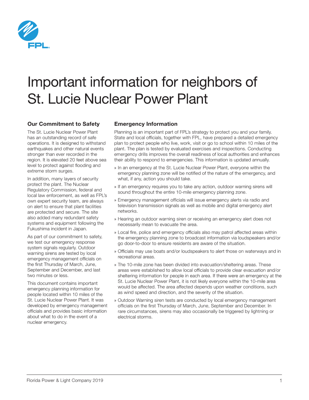 Important Information for Neighbors of St. Lucie Nuclear Power Plant