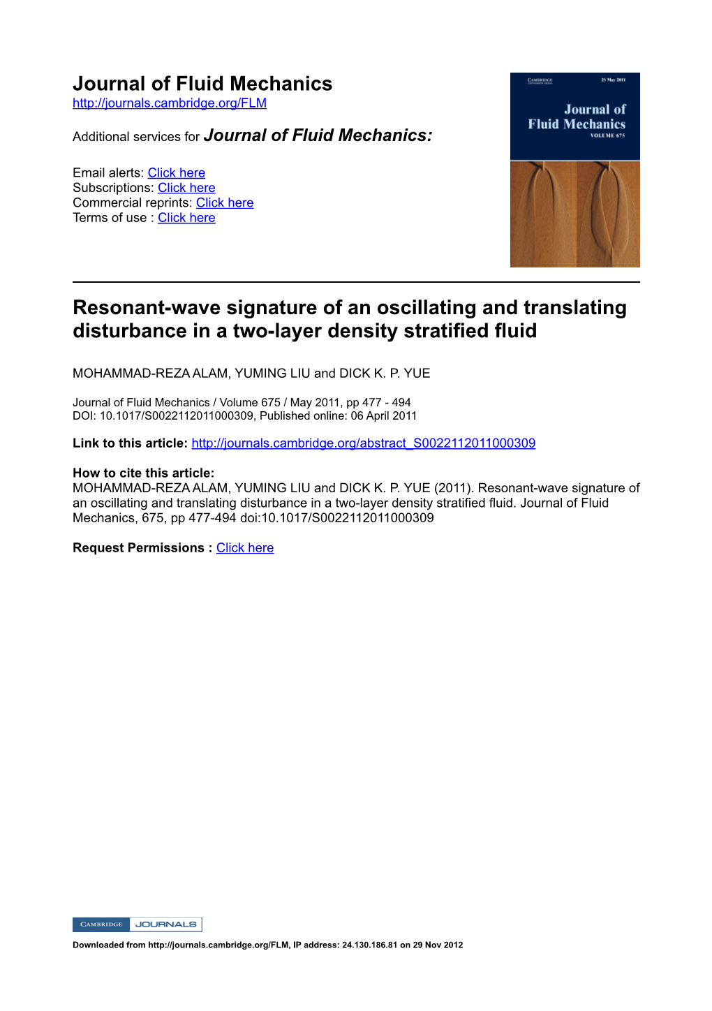 Journal of Fluid Mechanics Resonantwave Signature of An