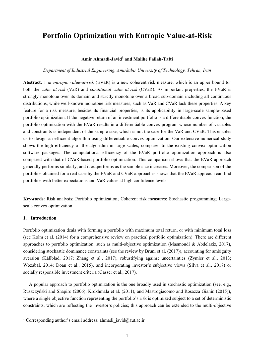 Portfolio Optimization with Entropic Value-At-Risk