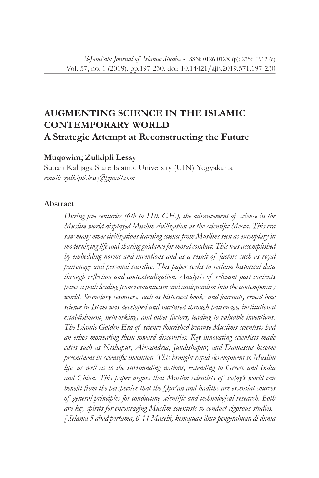 AUGMENTING SCIENCE in the ISLAMIC CONTEMPORARY WORLD a Strategic Attempt at Reconstructing the Future