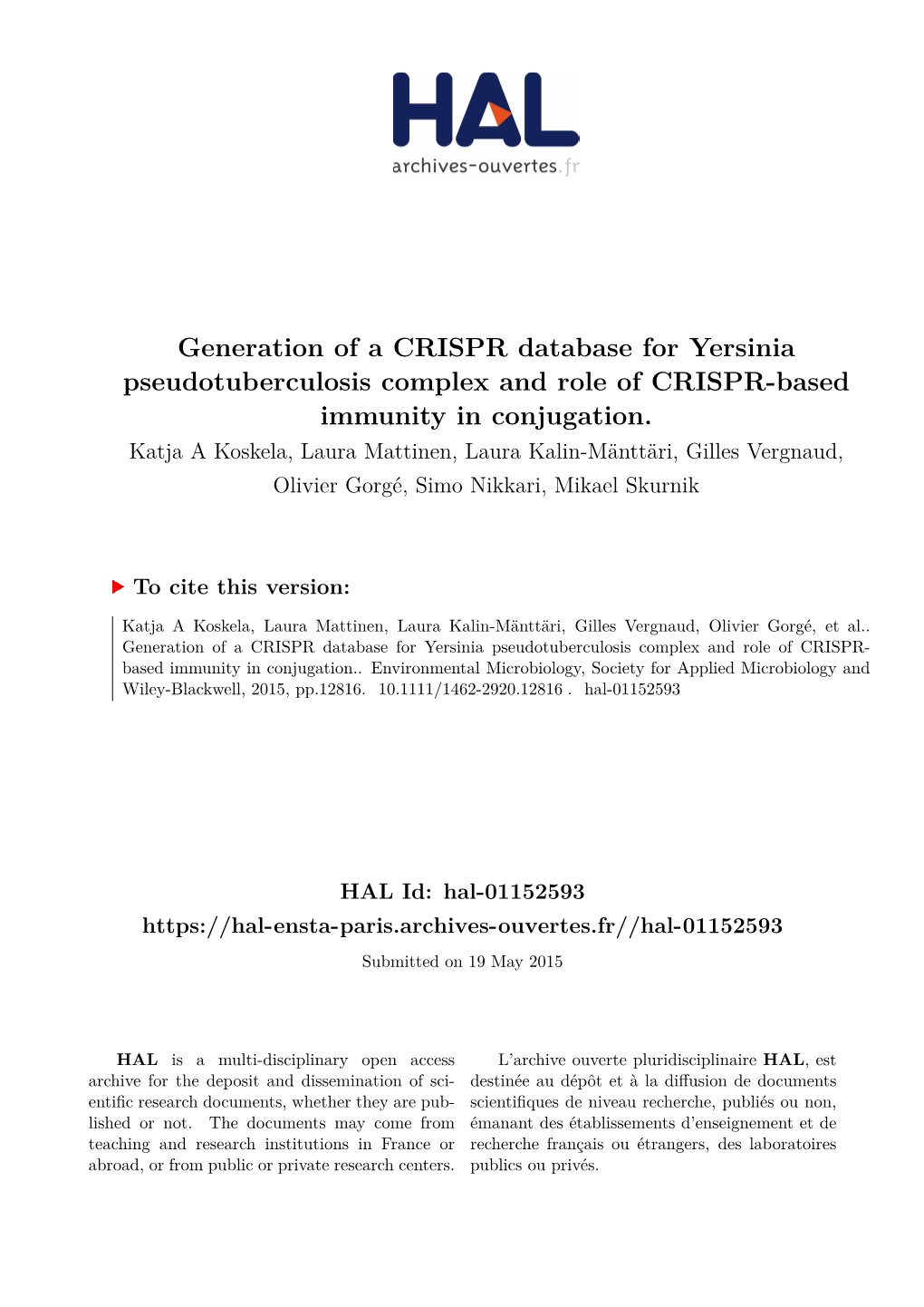 Generation of a CRISPR Database for Yersinia Pseudotuberculosis Complex and Role of CRISPR-Based Immunity in Conjugation
