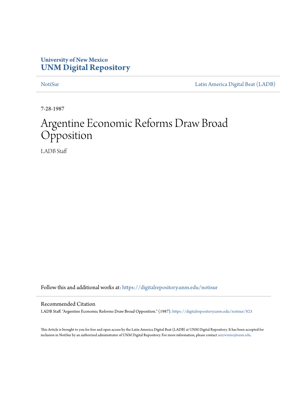 Argentine Economic Reforms Draw Broad Opposition LADB Staff
