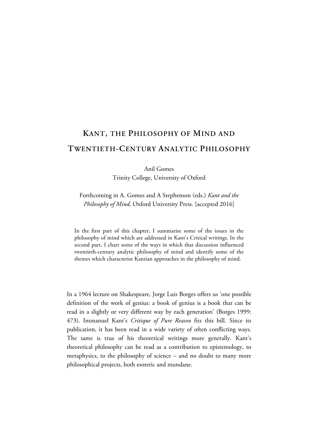 'Kant, the Philosophy of Mind and Twentieth-Century Analytic