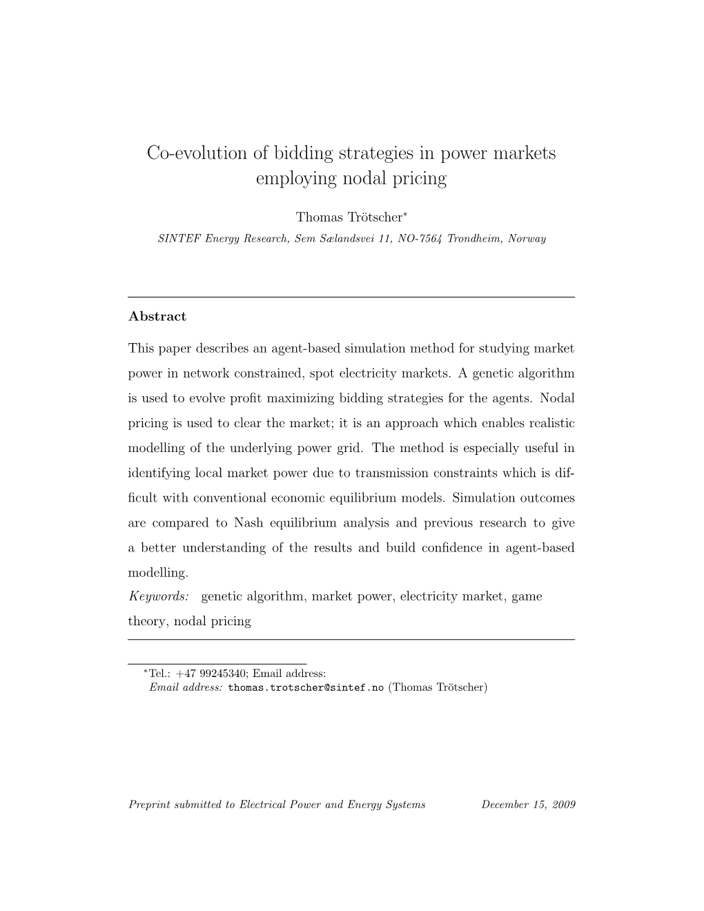 Co-Evolution of Bidding Strategies in Power Markets Employing Nodal Pricing
