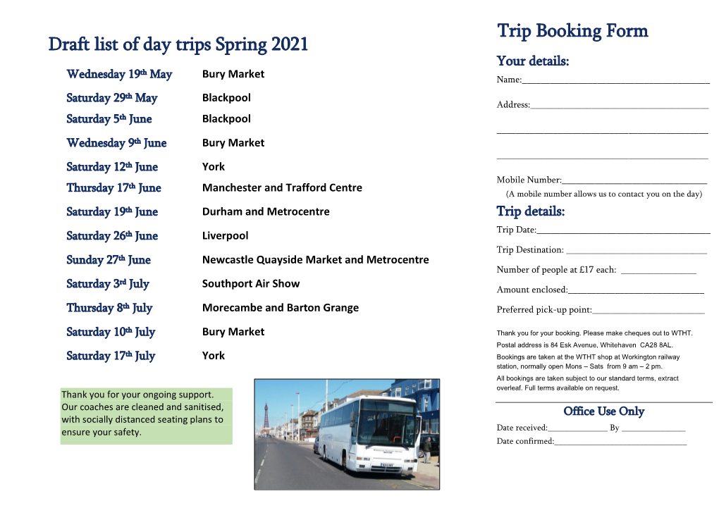 Draft List of Day Trips Spring 2021 Trip Booking Form