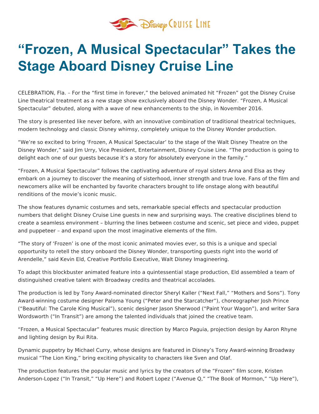 “Frozen, a Musical Spectacular” Takes the Stage Aboard Disney Cruise Line