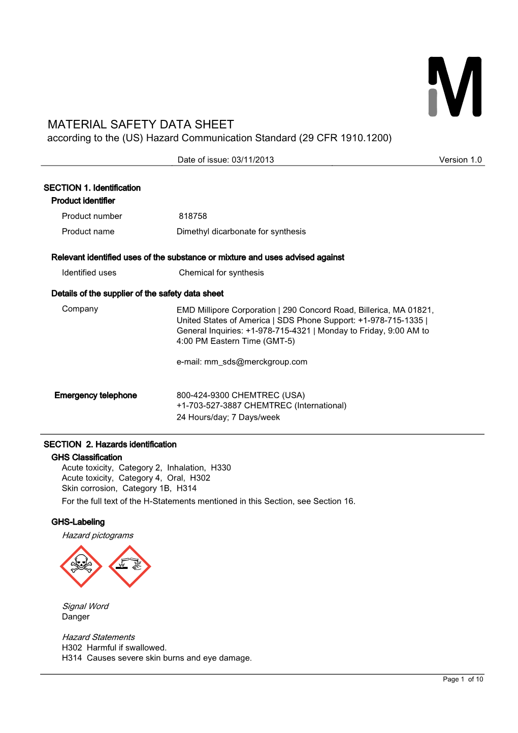 MATERIAL SAFETY DATA SHEET According to the (US) Hazard Communication Standard (29 CFR 1910.1200)