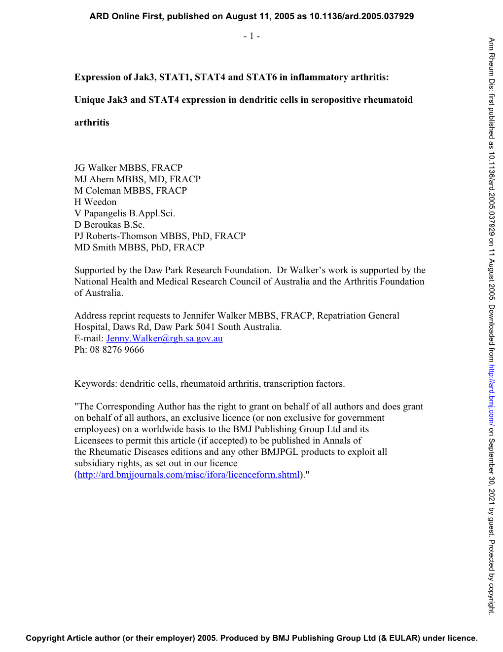 Expression of Jak3, STAT1, STAT4 and STAT6 in Inflammatory Arthritis