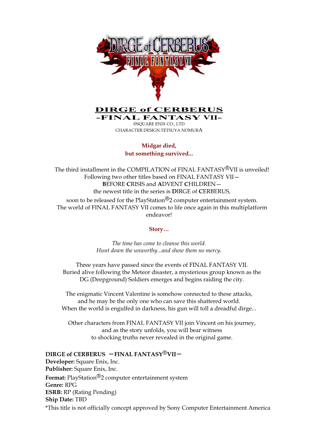 Dirge of Cerberus Press Sheet