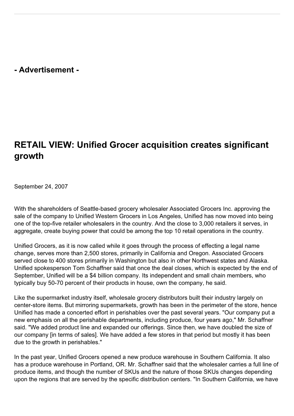 RETAIL VIEW: Unified Grocer Acquisition Creates Significant Growth