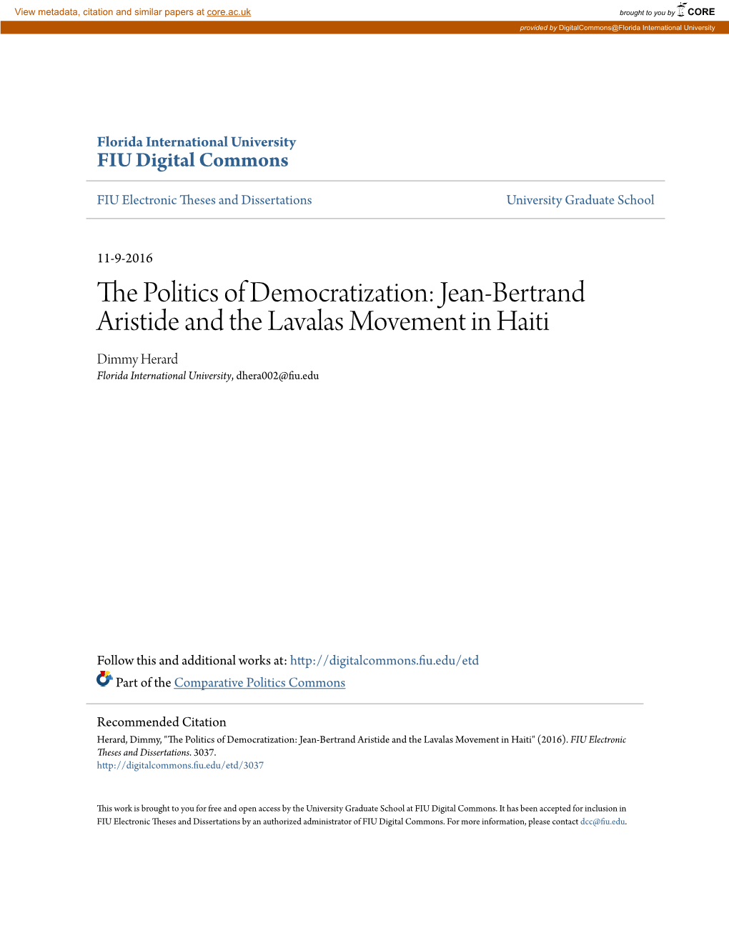 Jean-Bertrand Aristide and the Lavalas Movement in Haiti Dimmy Herard Florida International University, Dhera002@Fiu.Edu