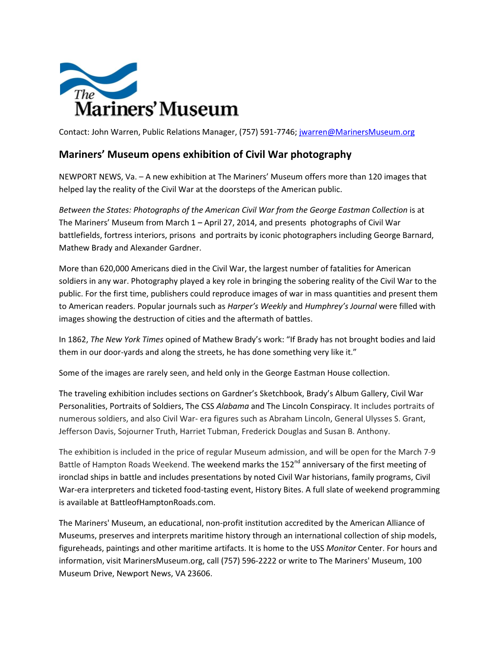 Mariners' Museum Opens Exhibition of Civil War Photography