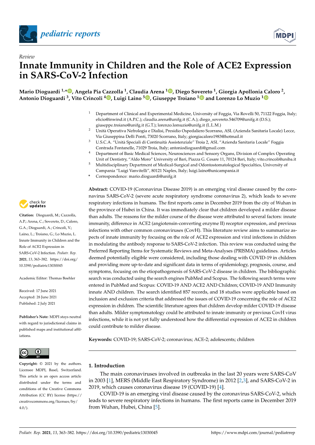 Innate Immunity in Children and the Role of ACE2 Expression in SARS-Cov-2 Infection