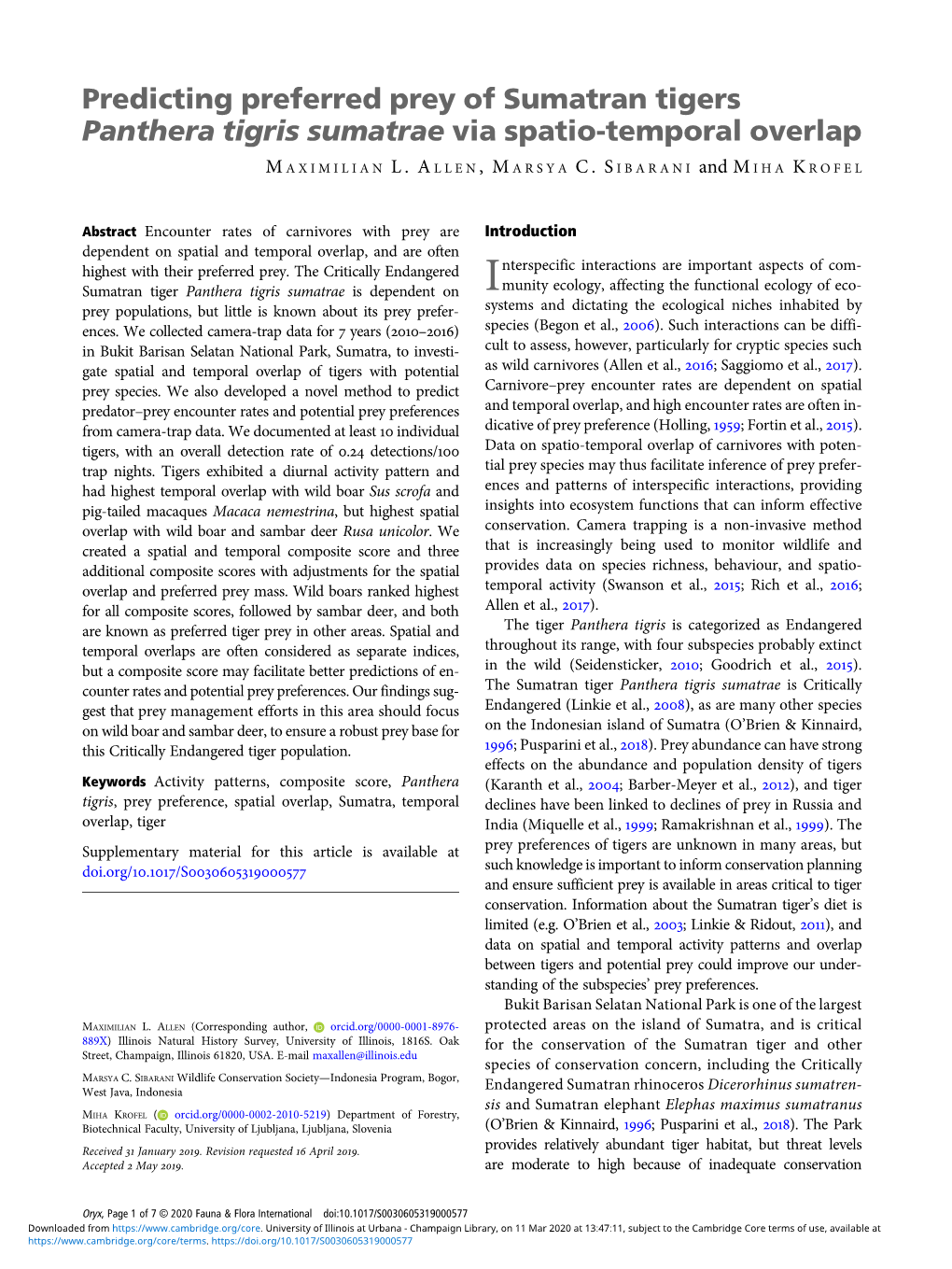 Predicting Preferred Prey of Sumatran Tigers Panthera Tigris Sumatrae Via Spatio-Temporal Overlap