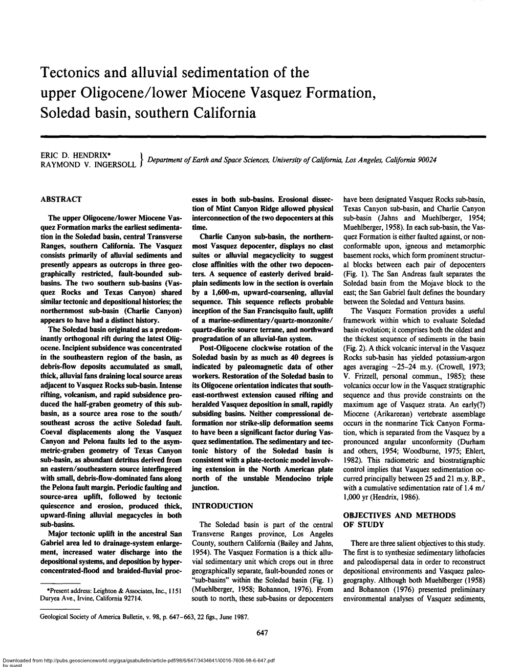 Tectonics and Alluvial Sedimentation of the Upper Oligocene/Lower Miocene Vasquez Formation, Soledad Basin, Southern California