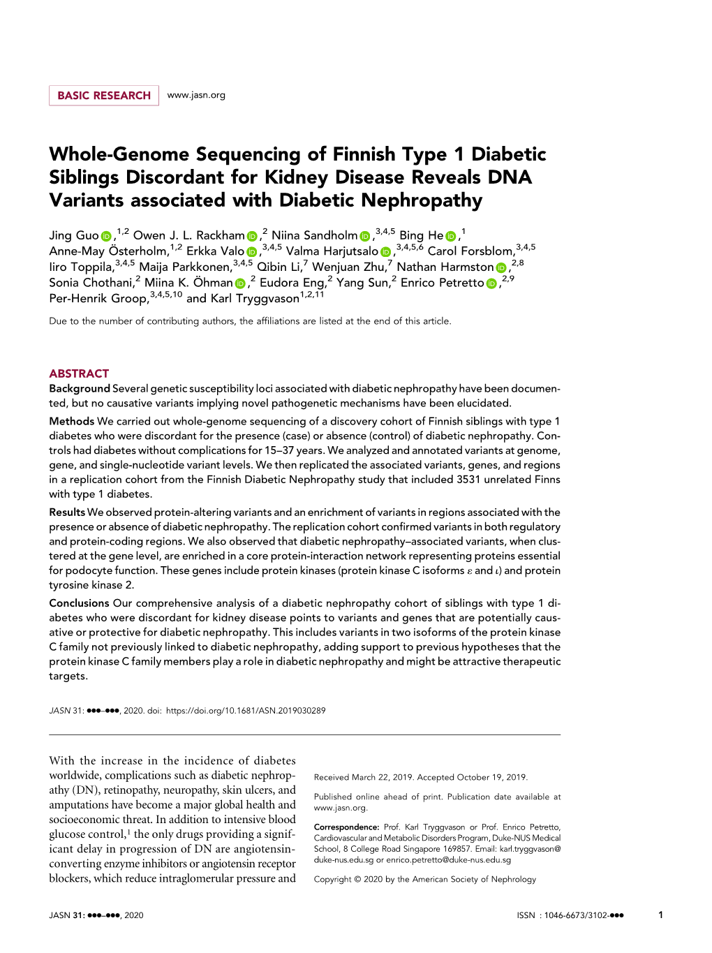 Whole-Genome Sequencing of Finnish Type 1 Diabetic Siblings Discordant for Kidney Disease Reveals DNA Variants Associated with Diabetic Nephropathy