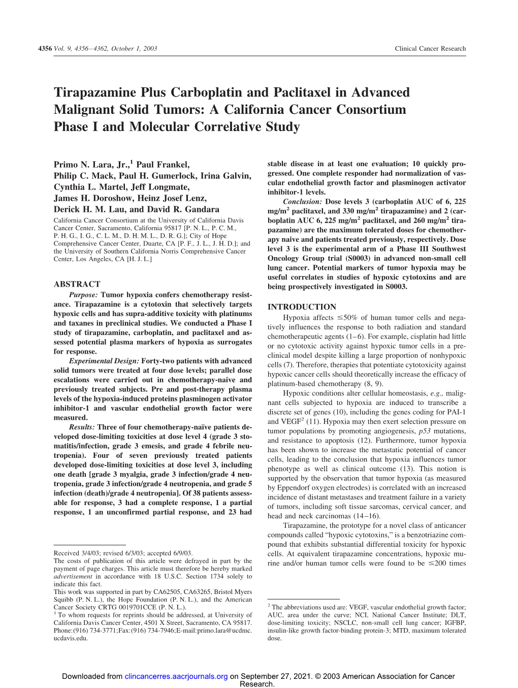 Tirapazamine Plus Carboplatin and Paclitaxel in Advanced Malignant Solid Tumors: a California Cancer Consortium Phase I and Molecular Correlative Study