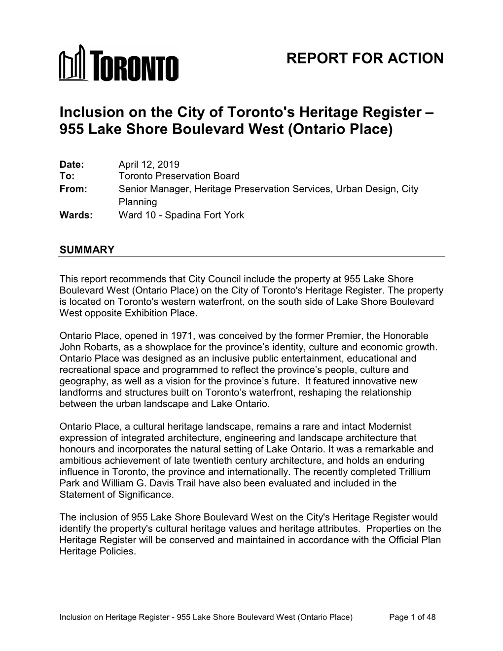 Inclusion on the City of Toronto's Heritage Register –955 Lake Shore Boulevard West (Ontario Place)