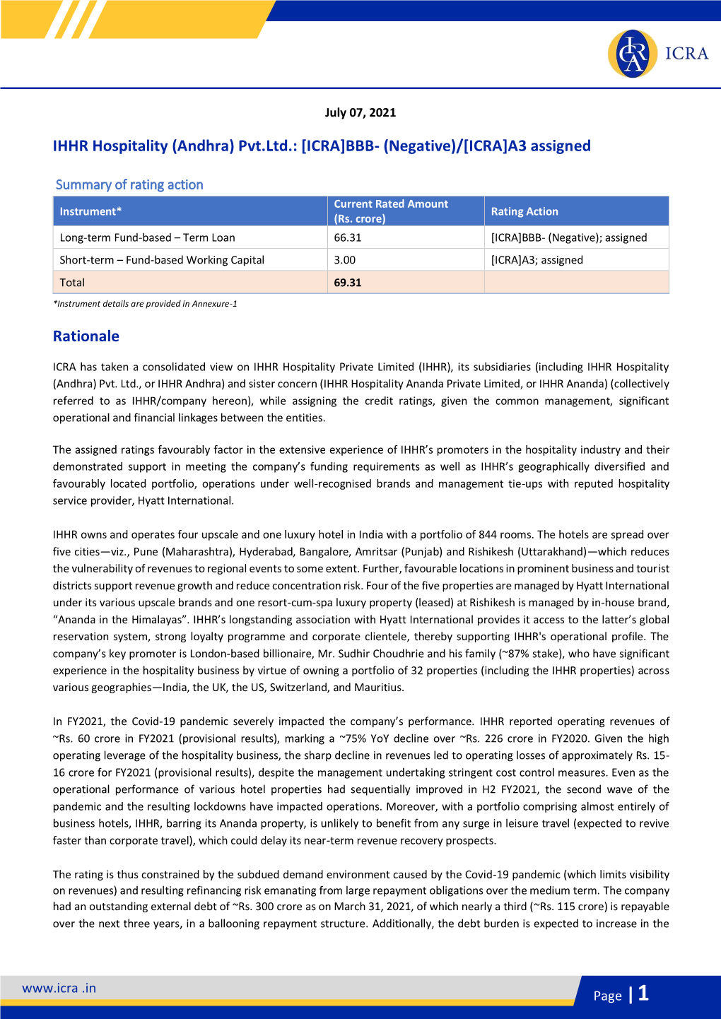 IHHR Hospitality (Andhra) Pvt.Ltd.: [ICRA]BBB- (Negative)/[ICRA]A3 Assigned